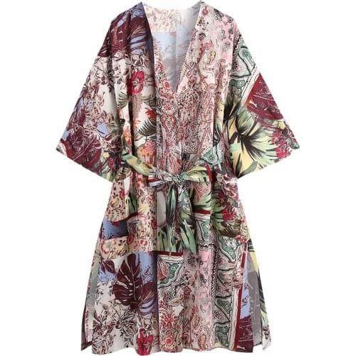 Evfer Summer Fashion Lady Patchwork Print Kimono Style Za Nice Long Dresses With Belt Women V-Neck High Waist Loose Dress Chic