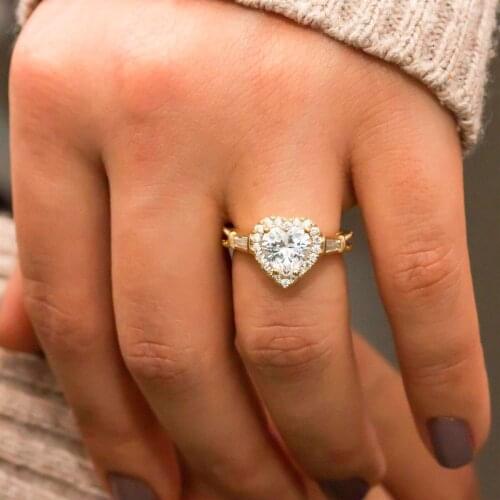 Gold Color Zircon Stone Heart Silver Women 'S Ring