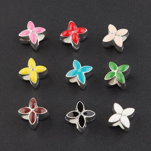 10pcs/Lot Alloy Four Leaf Flower Enamel Charm Beads Big Hole Beads Loose Spacer Beads For Jewelry Making Handmade Diy Bracelet