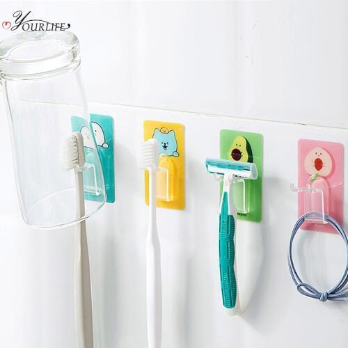 OYOURLIFE 2Pcs Cartoon Wall Mounted Tooth Brush Holder Razor Toothbrush Bathroom Accessories Organizer Shelf Brush Holder