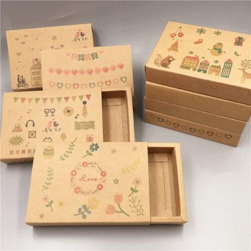 30pcs/Lot Retro Farmhouse Style Kraft Paper Drawer Boxes For Anniversary Candy Chocolate Package Handmade Pull Push Drawer Boxes