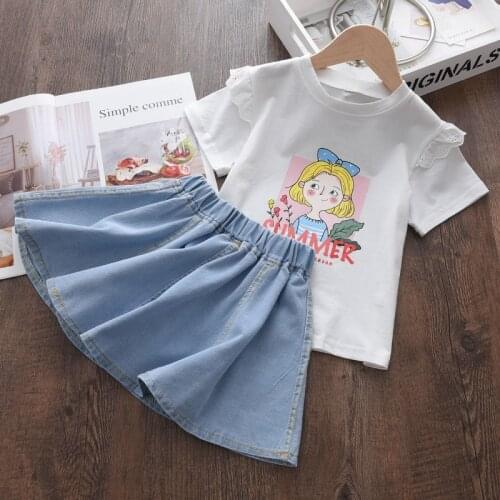 Bear Leader Girls Cartoon Print Clothing Sets Summer Kids Baby Lace T-shirt And Denim Skirt Outfits Children Casual Suits 2-6Y
