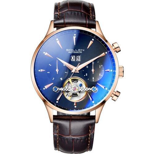 SOLLEN Japanese Movement Watch Mens Automatic Mechanical Watch Fashion Luminous Calendar Mens Leather Watch