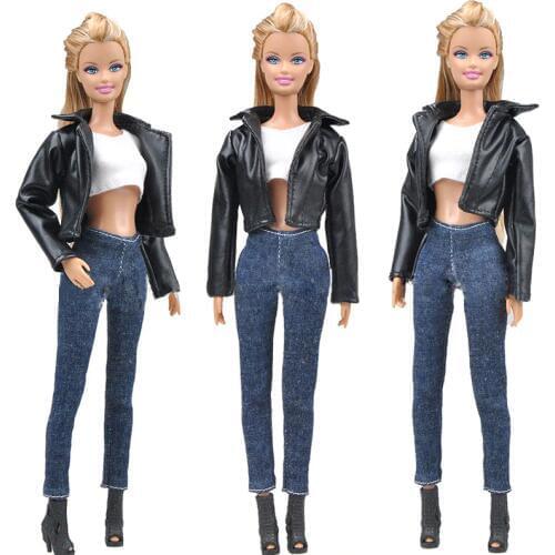 1 Set Leather Coat Outfits For Barbie Dolls Fashion Coat Jeans Pants Short Top Handmade Clothes For Barbie Dollhouse Accessories
