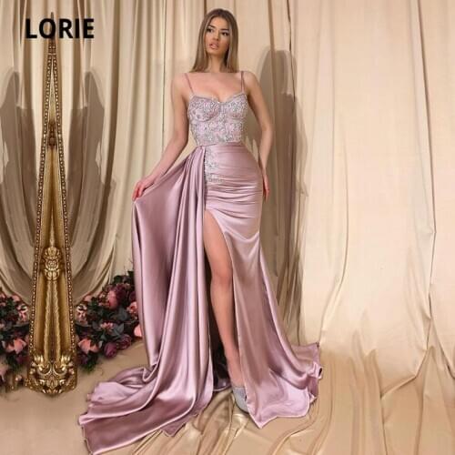 LORIE Arabic Evening Dresses with detachable Skirt Spaghetti Strap Beaded Satin Side Split Pink Prom Gown Mermaid Party Dress