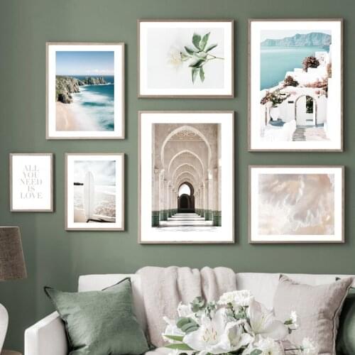 Moroccan Arch Coast Beach Surfboard Santorini Flower Wall Art Print Canvas Painting Nordic Poster Decor Pictures For Living Room