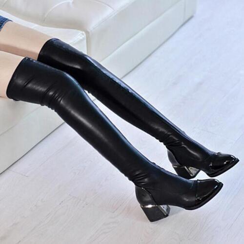 Fashion PU Leather Over Knee Boots Women Sequined Toe Elastic Stretch Thick Heel Thigh High Riding Winter Boots Size 40 C277