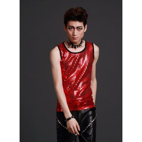 Mens Red Paillette Slim Vest Nightbar singer fashion stage performance costumes