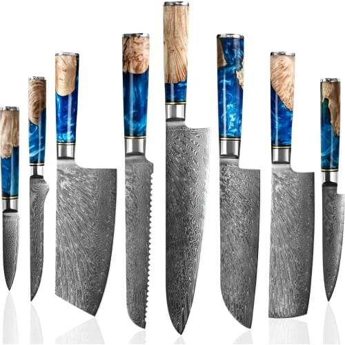 Chefs Knife Set 67 layers Japanese Damascus Kitchen Knife Kitchen Stainless Steel Tool Gyuto Knives Blue Resin Wood Handle