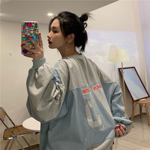 2021 new thin pullover womens stitching Korean version of loose loose round neck long-sleeved tops sweatshirts womens tops