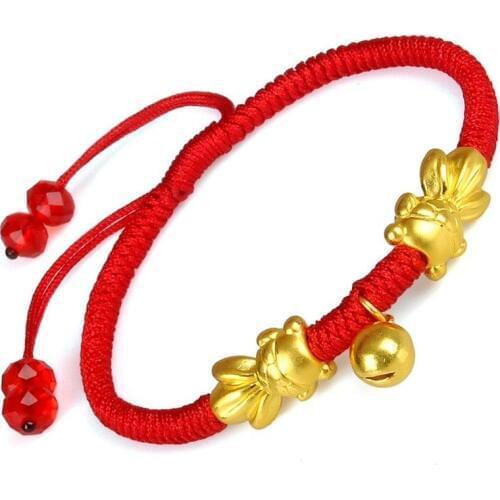 Solid 24K Yellow Gold Bracelet 2pcs Gold-Fish with Bell Red Cord Lucky bracelet