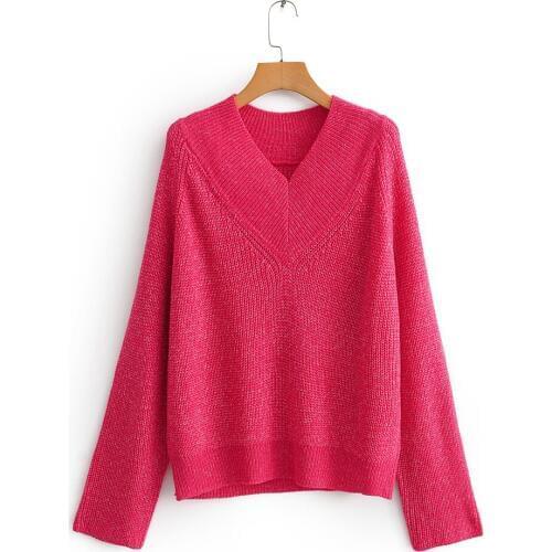 2019 Autumn Womens Minimalist Style Long Raglan Sleeve V-neck Hot Pink Pullovers Casual Office Ladies' Sweaters