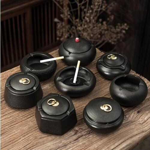 Frosted Black Pottery Ashtray Household Creative Personality Ceramic Windproof and Fly Ash Proof Large Car Ashtray
