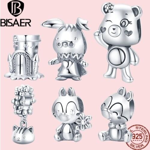 BISAER 925 Sterling Silver Fantasy Animal Series Rabbit Squirrel Bear Meow Charms Bead Fit Original Charm Bracelets ECC1866