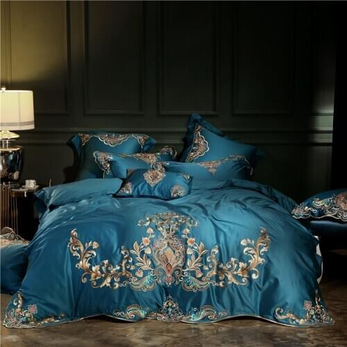 120S Egyptian Cotton Embroidery Luxury Royal Bedding Set 4pcs King Queen Wedding Bed Sheet set Duvet cover Pillowcase blue 6pcs