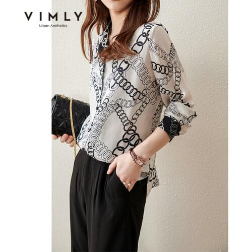 VIMLY Shirts For Women Fashion Print Full Sleeve Button up Shirt Casual Loose V Neck Chiffon Blouse Clothes Female Tops F6609