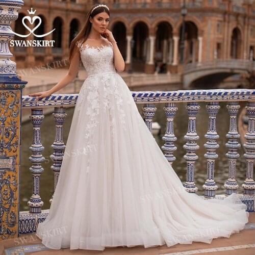 Sleeveless Wedding Dress Sweetheart Appliqued Lace A-Line Court Train Bridal Gown 2021 Princess SwanSarah N340 Vestido De Novia