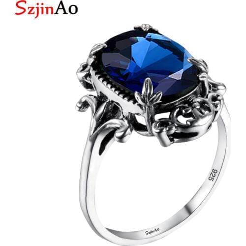 Szjinao 925 Sterling Silver Jewelry Wholesale Fine Carved Antique Jewelry Sapphire Women Sterling Silver Ring
