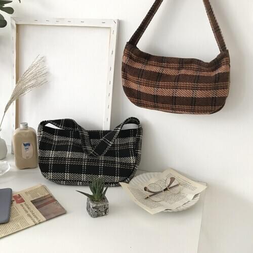 Vintage Checked Prints Women Woolen Shoulder Bag Plaid Canvas Handbags Casual Tote Soft Cloth Top-handle Shopping Bags For Girls