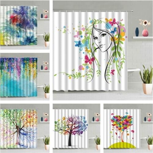 Watercolor Leaf Girl Shower Curtain Colorful Love Heart Tree Bathroom Accessories Set Wall Hanging Curtains Screen Home Decor