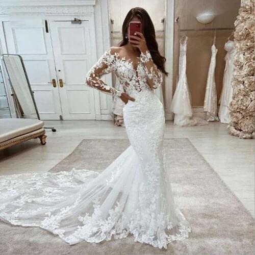 WUZHIYI O Neck Long Sleeves Nude Tulle Mermaid Wedding Dresses For Bride Lace Appliques Beaded Women Marriage Bridal Gowns 2021