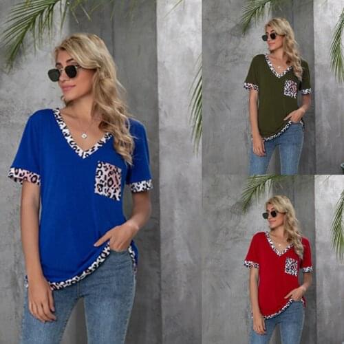 Summer Women T-Shirts Short Sleeve Sexy V-Neck Leopard Color Patchwork Pockets Casual Autumn Female Blouse Tops Tees C2968