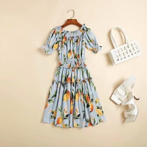 Womens European and American wear 2021 summer new style Lemon printing Short sleeves with a neck Elastic waist Fashion dress