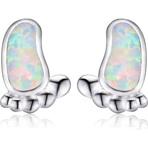 Cute Baby Foot Stud Earrings for Women Silver Color White Fire Opal Small Footprint Earring Fashion Jewelry Accesorios Mujer