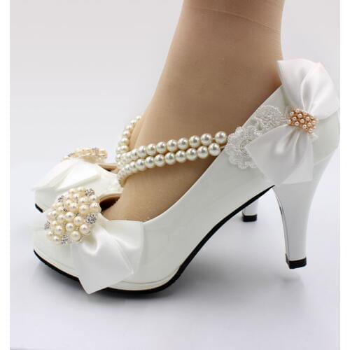 White bow butterfly-knot wedding pumps shoes woman NQ209 heel 8CM string beads beading elastic band crystal pearls bridal shoe