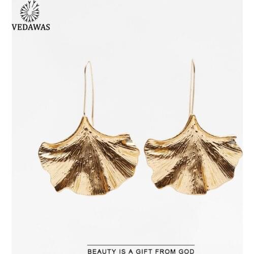 Vedawas 2021 Vintage Metal Maxi Leaf Earrings for Women Boho Gold Color Sector Shaped Drop Earrings Accessories Jewelry Gifts