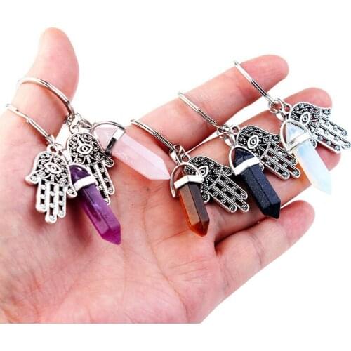 Natural Hexagonal Column Stone Keychain Women Pink Quartz Opal Crystal Key Chain With Evil Eye Fatima Jewelry Party Friends Gift
