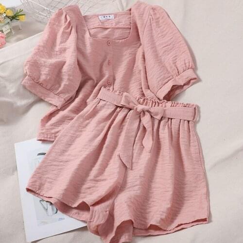 2021 Women summer Fashion Two piece sets suit Slash neck casual shirt top With high waistwide-leg shorts office two-piece suit