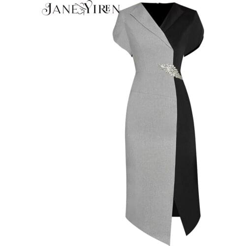 Janeyiren Fashion Designer Summer Work Dress Women V-neck short sleeve Hit the color Splicing Beaded Lady Slim Office Midi Dress