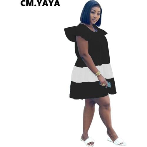 CM.YAYA Women Mini Dress Patchwork Short Butterfly Sleeve Loose Ruffle Dresses Casual Fashion Vestidos Summer Outfit Streetwear