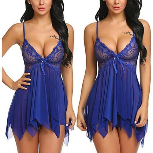 2020 Women Sexy Lingerie Nightwear Deep V Lace latex dress Babydoll Sleepwear Sleepdress G-string Set sexy underwear