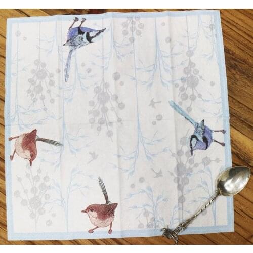 21*21cm vintage small napkin paper blue white tissue printed birds tree decoupage wedding party tissue towel decor serviettes