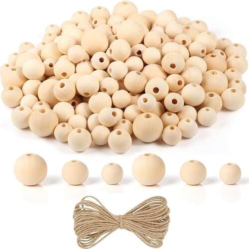 250Pcs Wooden Beads for Crafts, Unfinished Wood, 3 Different Sizes, with Jute Twine, for Making DIY Wood Bead Garland