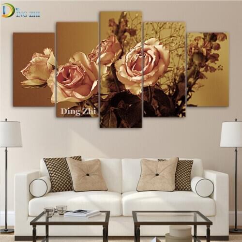 5D Diamond Painting Wall Art Pink Retro Rose Flower 5 Panel Diamond Embroidery Gift Home Decor Picture Of Rhinestones Needlework