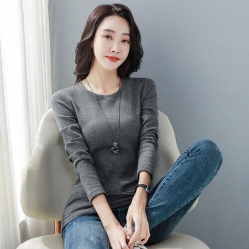 Cotton T Shirt Women Slim Elasticity Korean Clothes 2021 Autumn Winter T-Shirt Womens Long Sleeve Ladies Tops Tee Shirt Femme