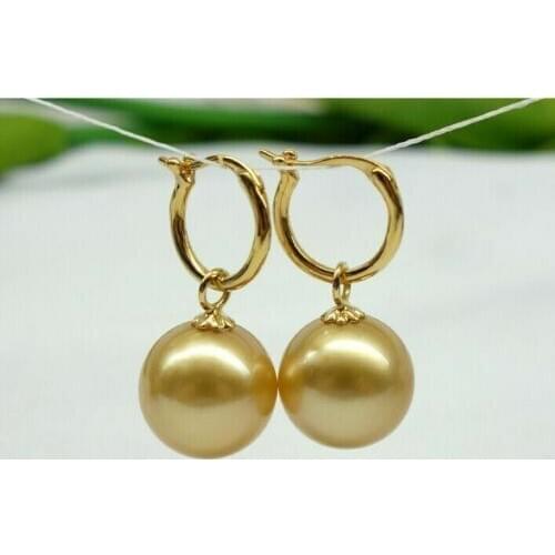 Beauty a pair 11-12mm natural south sea genuine gold round pearl dangle earrings