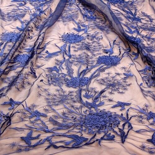 Off white/black/blue/pink large pattern embroidery on mesh lace fabric wedding/evening dress lace fabric 130 by yard