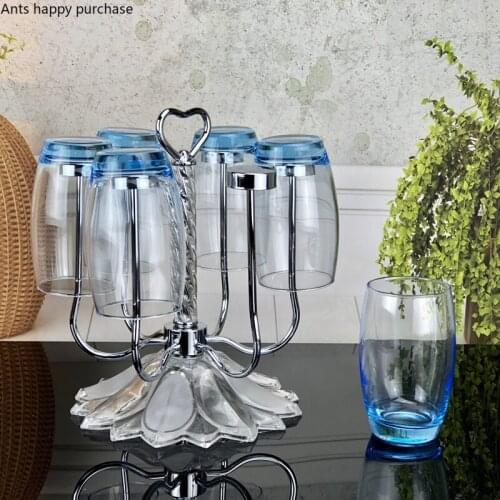 Metal Drain Cup Holder Glass 6 Piece Set Living Room Upside Down Hanging Cup Acrylic Drain Tray Stainless Steel Storage Rack