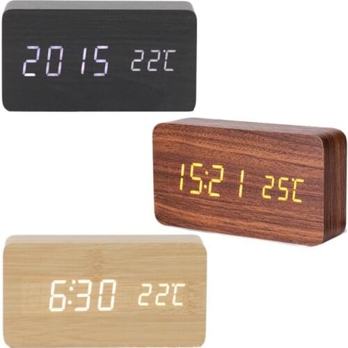 Multicolor Sound Control Wooden Wood Square LED Alarm Clock Desktop Table Digital Thermometer Wood USB/AAA Date Display