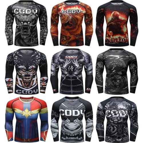 Mens Compression Shirt Muay Thai Boxing Rashguard Long Sleeve Gym T-shirt MMA Fitness Quick Dry Fit Bodybuilding Running Shirts