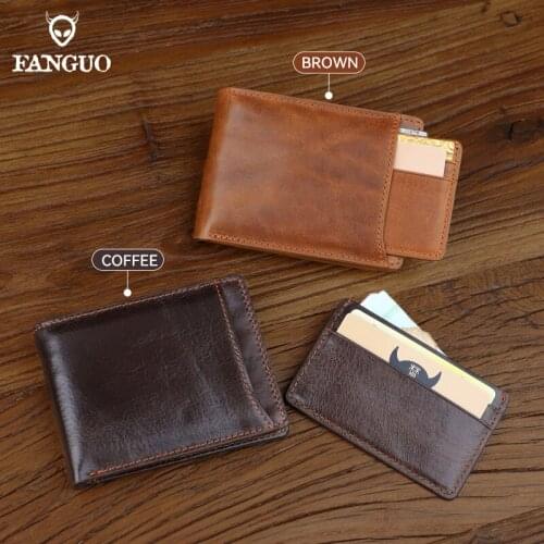 Mens Slim Short Wallet Genuine Leather Small Money Purse Retro Thin Wallets For Male With Removable Credit Card Holder Cover