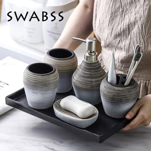 Retro Bathroom Wash Set Handmade Ceramics Five-Piece Toiletry Set Toothbrush Holder Mouthwash Cup Soap Dispenser Emulsion Bottle