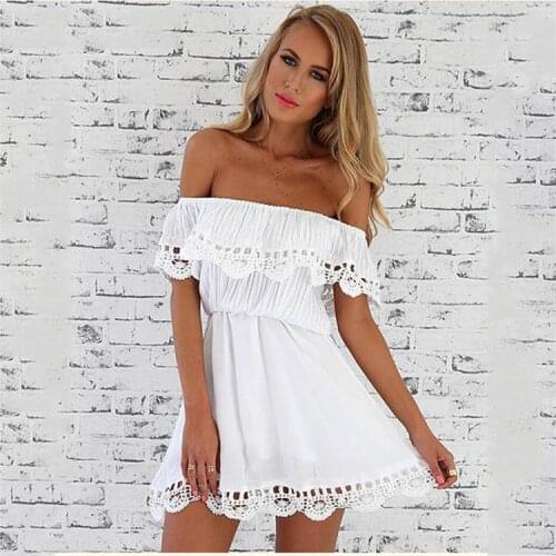 New Style Summer Women Mini Dresses Off Shoulder Strapless Sexy Dress Slash Neck White Lace Stitching Dress