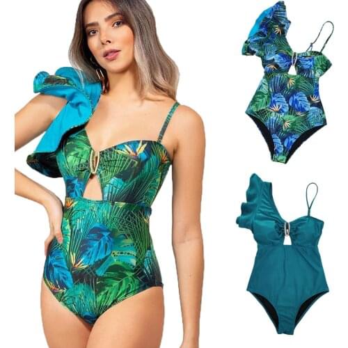 NEW Sexy One Piece Swimsuit Push Up Swimwear Women Romantic Ruffle Adjustable Shoulder Swimsuit Bodysuit Bathing Suit Bikini