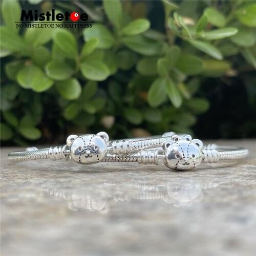 Mistletoe 925 Sterling Silver Bow Bear Bracelet Snake Chain European Jewelry