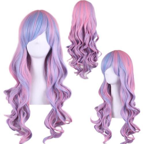 High Quality Mix Blue Pink Highlights On Hair Synthetic Anime Cosplay Wig Long Wavy Wigs For Women High Temperature Fiber